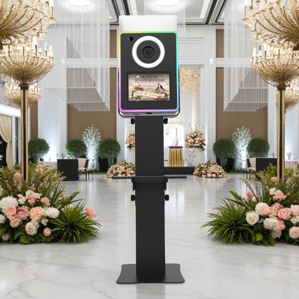 Premium ring-light photo booth kiosk staged for a corporate event.